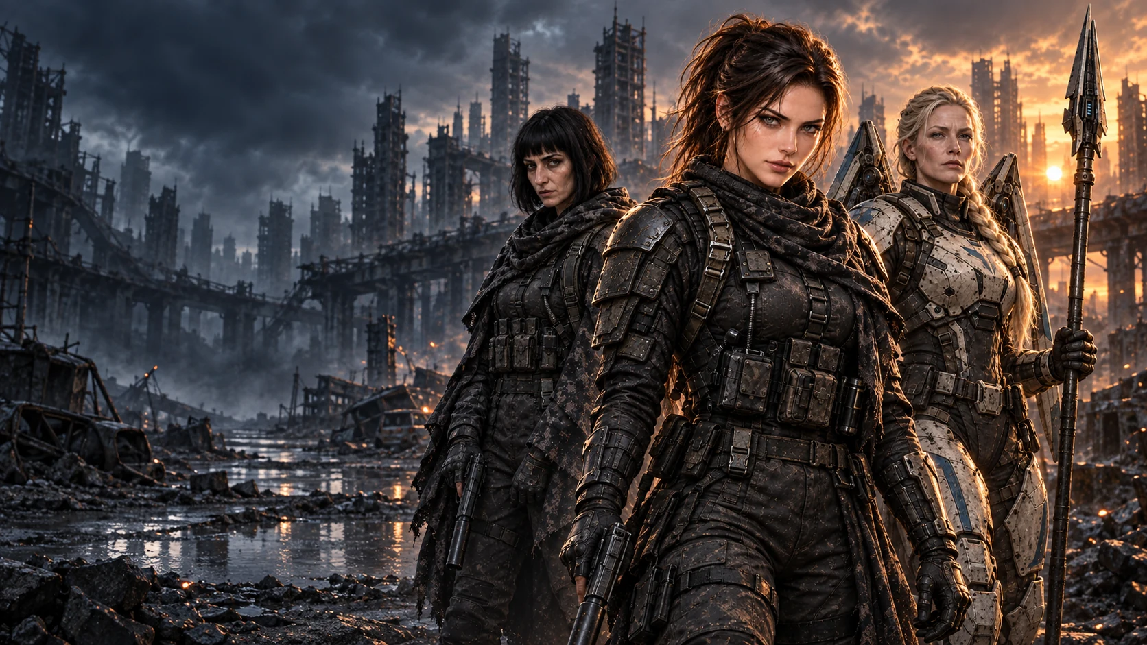 Three women survivors in a ruined city at dusk